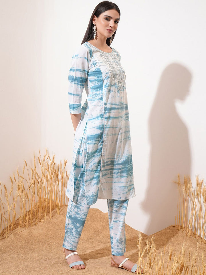Vishudh Blue Printed Thread Work Pure Cotton Straight Kurta With Trousers & Dupatta