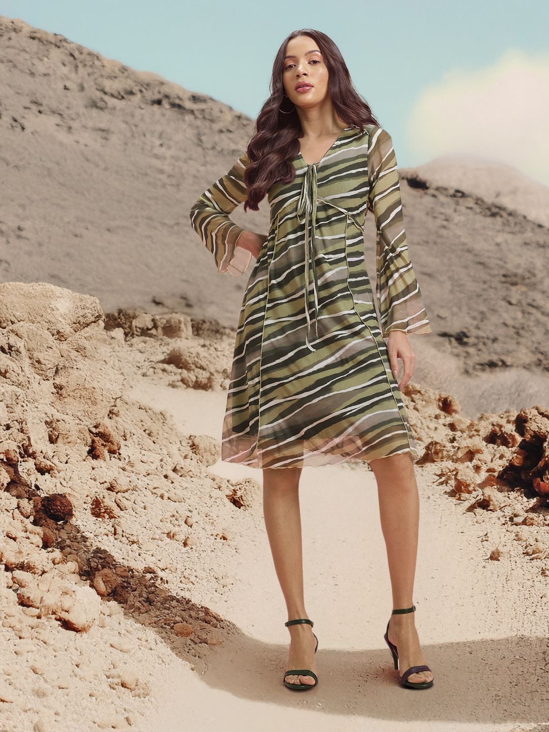 DressBerry Printed Tie-Up Net A-Line Dress