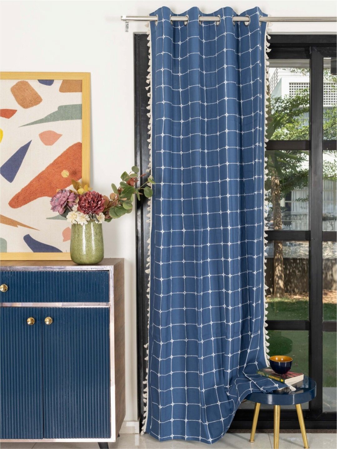 URBAN SPACE Blue & White Embroidered Long Door Curtain