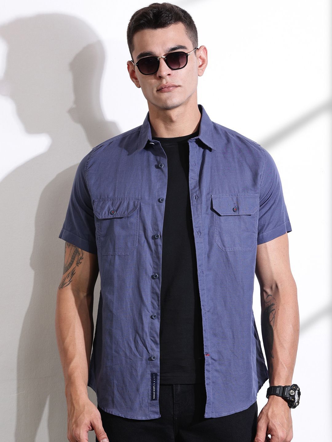 Thomas Scott Men Classic Slim Fit Spread Collar Solid Linen Casual Shirt