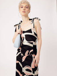 DressBerry Playful Chic Satin Finish Printed Side Slit A-Line Midi Dress
