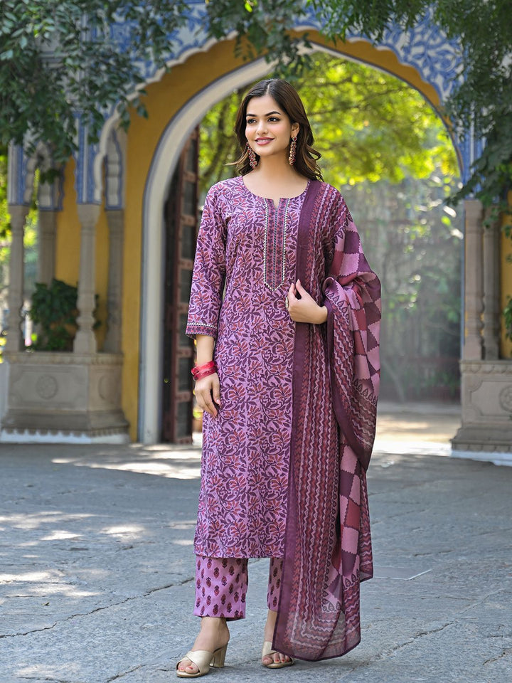 KALINI Floral Printed Notch Neck Gotta Patti Straight Kurta With Trousers & Dupatta