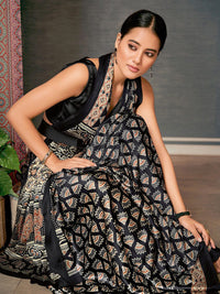 Saree mall Black & Off White Ajrak Printed Block Print Saree