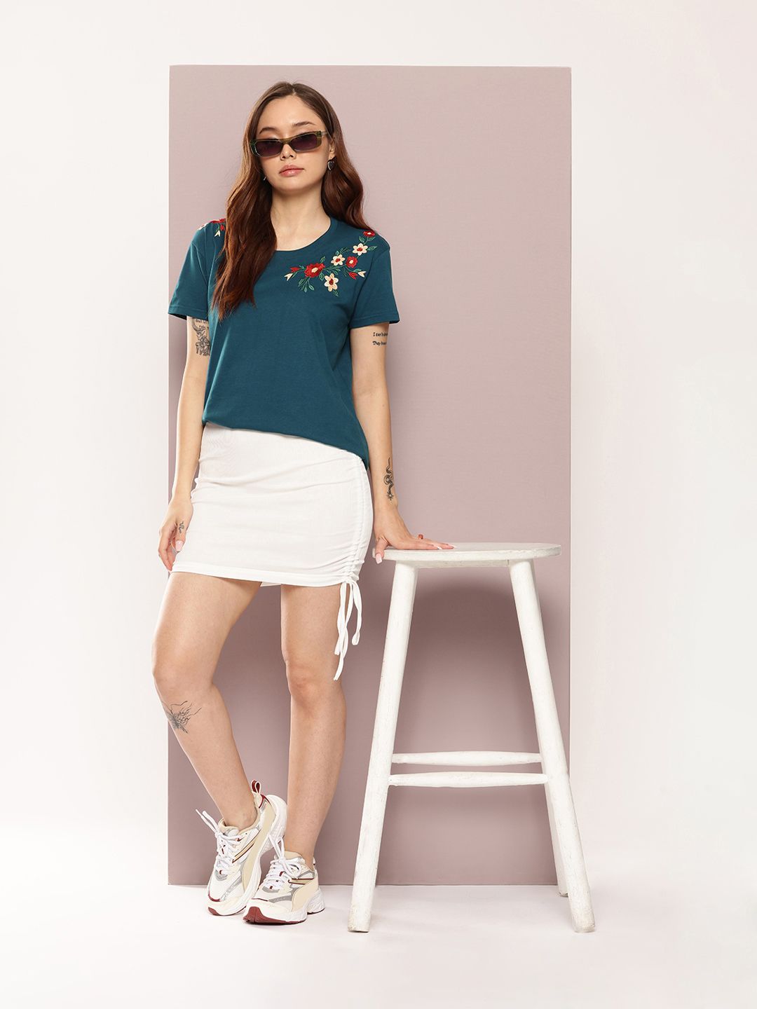 DILLINGER Women Boxy Regular Embroidery Crew Neck Tshirt