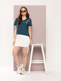 DILLINGER Women Boxy Regular Embroidery Crew Neck Tshirt