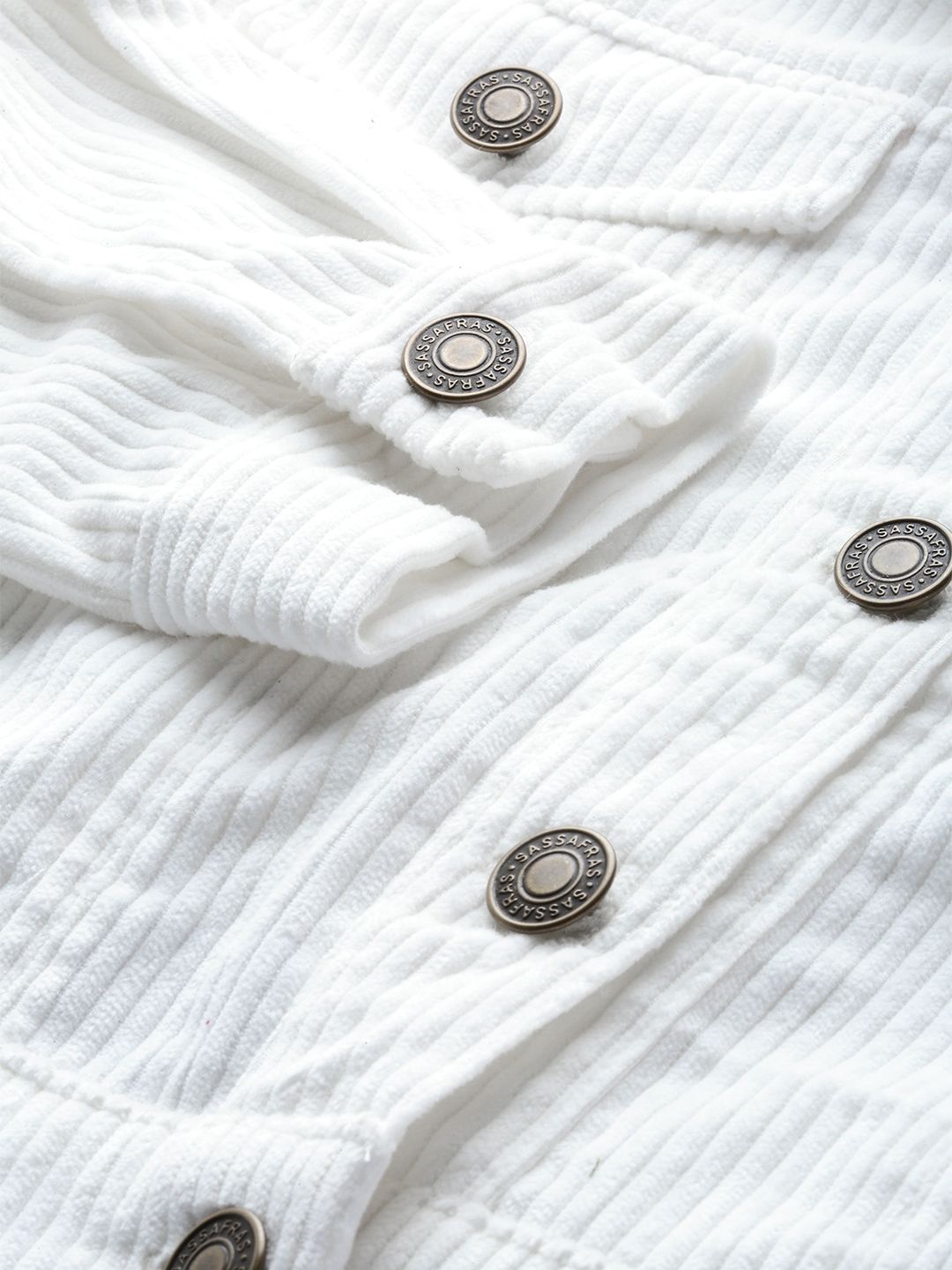 SASSAFRAS Women White Self-Striped Corduroy Crop Tailored Jacket