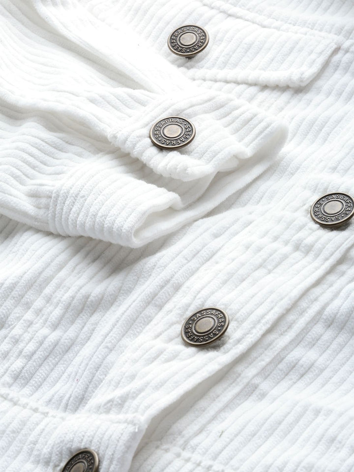 SASSAFRAS Women White Self-Striped Corduroy Crop Tailored Jacket