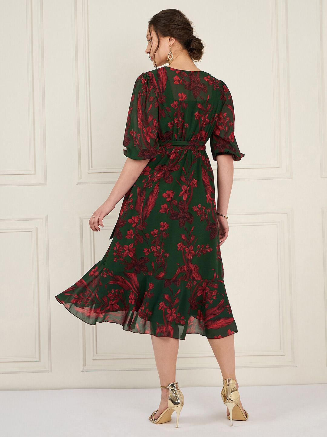 Antheaa Floral Printed Asymmetric Layered Georgette Wrap Midi Dress