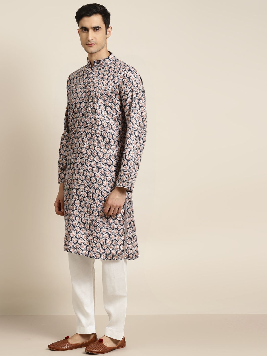 SOJANYA Men Navy Blue & Beige Ethnic Motifs Printed Pure Cotton Kurta