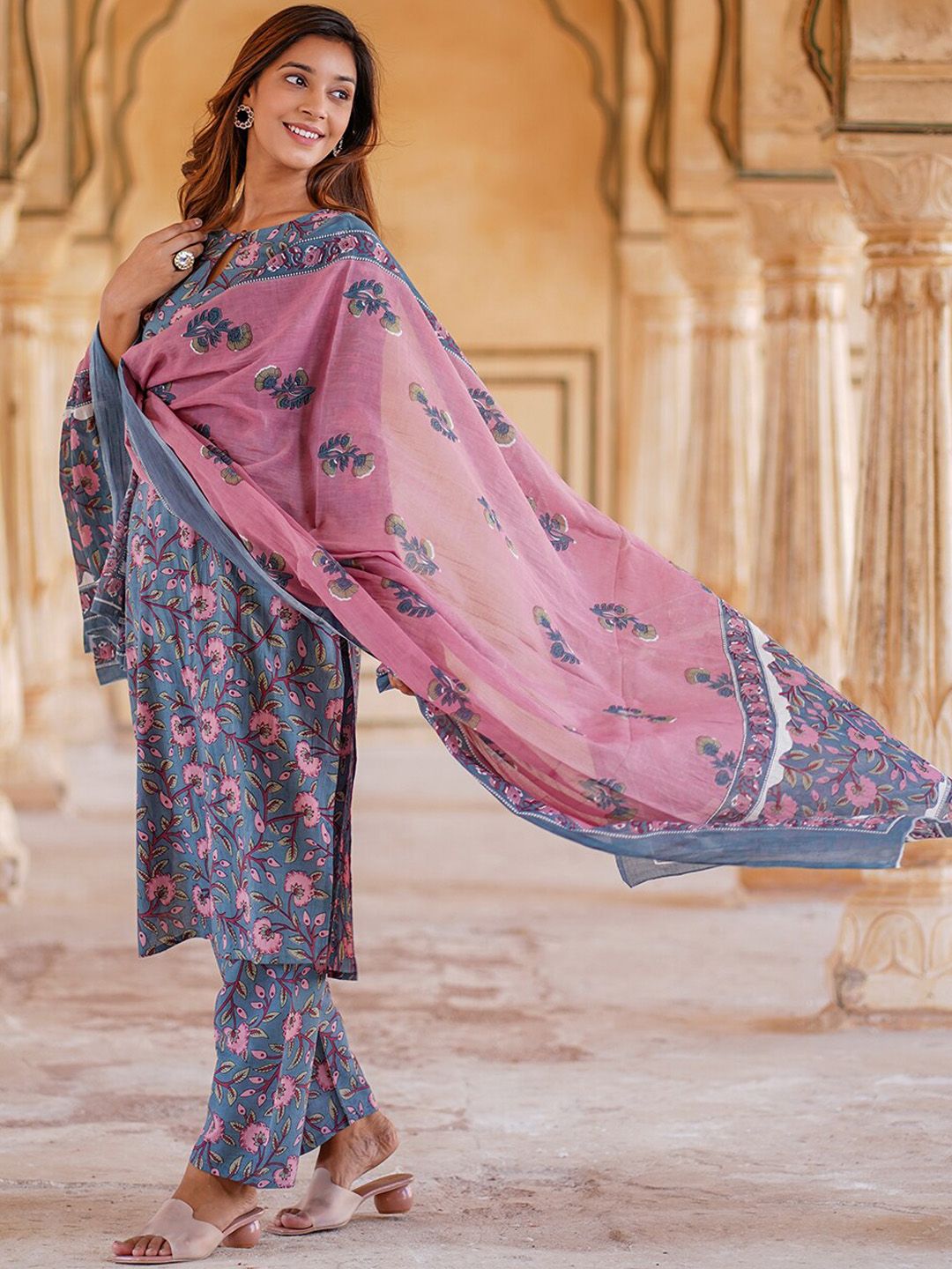 KALINI Floral Printed Regular Pure Cotton Kurta with Trousers & Dupatta