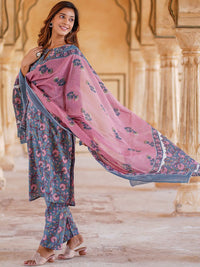 KALINI Floral Printed Regular Pure Cotton Kurta with Trousers & Dupatta