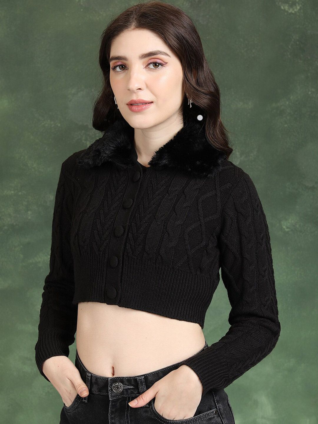 Tokyo Talkies Black Cable Knit Lapel Collar Acrylic Crop Cardigan