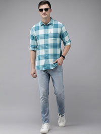 THE BEAR HOUSE Men Blue & White Pure Cotton Slim Fit Tartan Checks Checked Casual Shirt