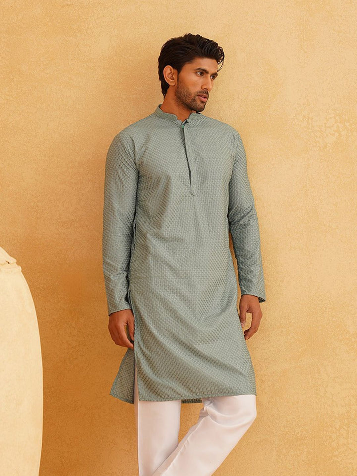 SOJANYA Kurta Kapas Tulen Sulam Geometrik Kolar Mandarin