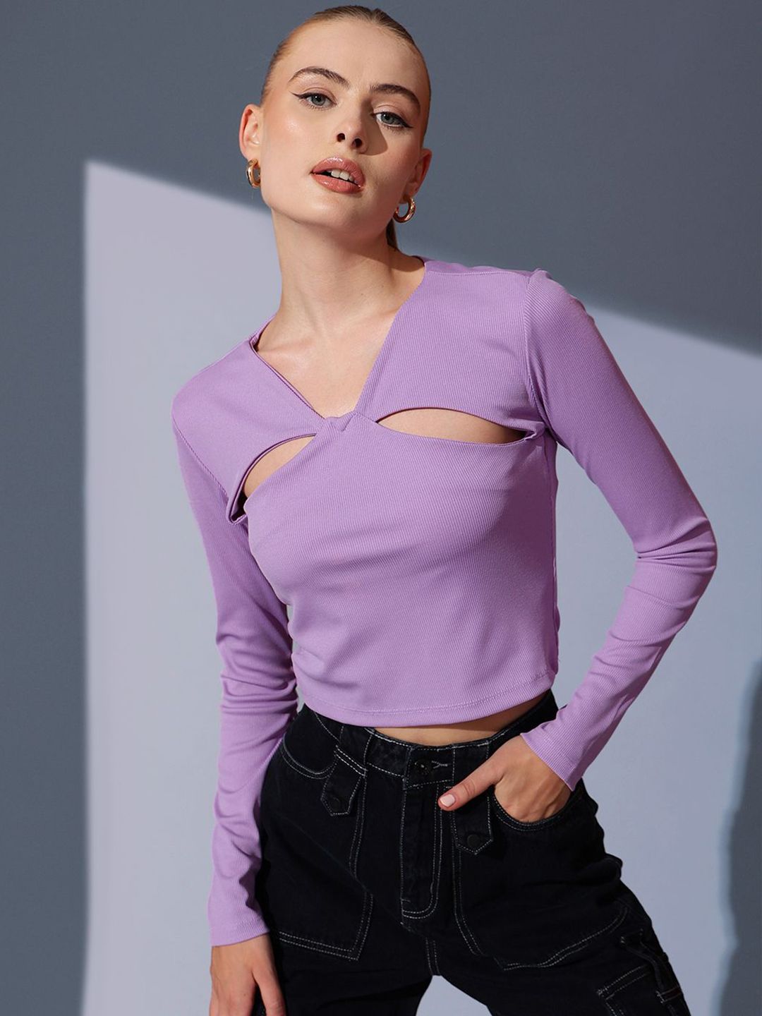 STREET 9 V-Neck Cut Outs Ribbed Styled Back Crop Top