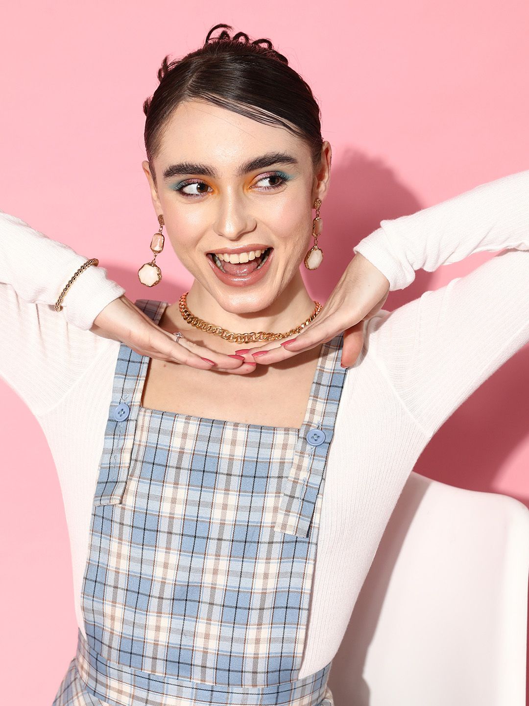 Berrylush Blue & White Checked Crepe Pinafore Mini Dress