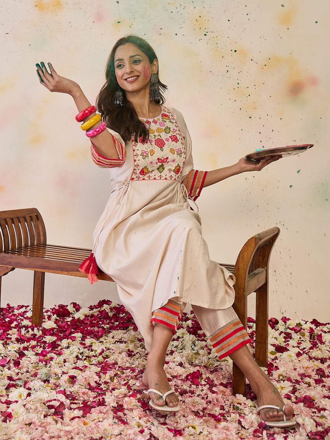 Indo Era Women Floral Yoke Design Empire Thread Work Liva Kurta with Trousers