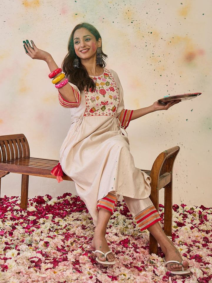 Indo Era Women Floral Yoke Design Empire Thread Work Liva Kurta with Trousers