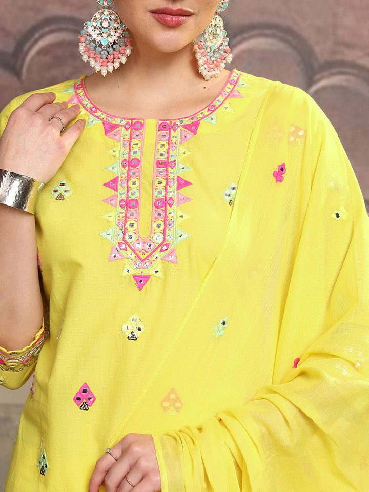 Vishudh Yellow Embroidered Mirror Work Pure Cotton Straight Kurta With Sharara & Dupatta