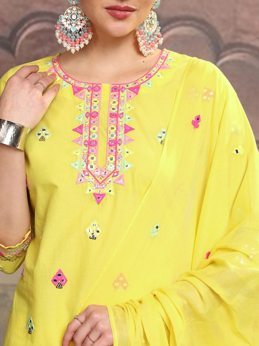 Vishudh Yellow Embroidered Mirror Work Pure Cotton Straight Kurta With Sharara & Dupatta