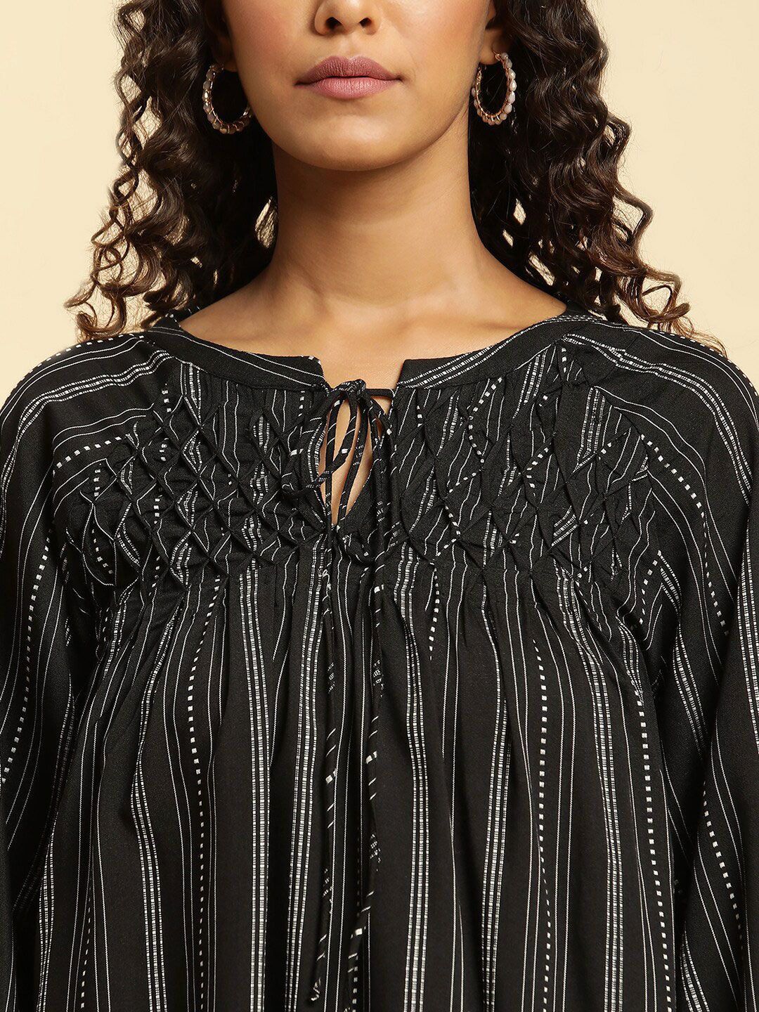 W Black Striped Tie-Up Neck Raglan Sleeves Longline Top