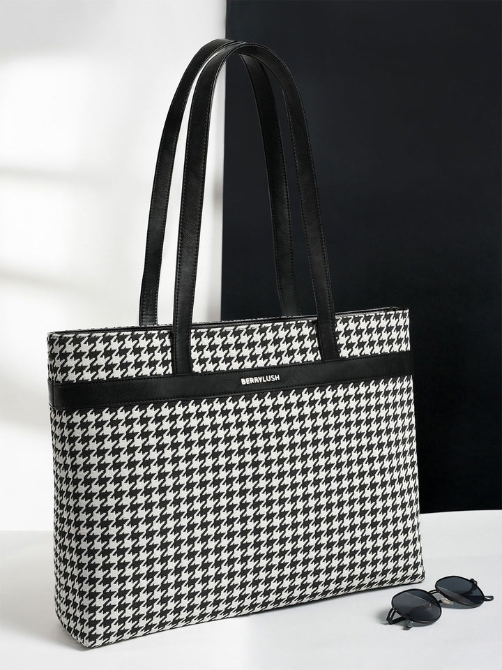 Berrylush Black & White Printed Structured Laptop Handheld Bag