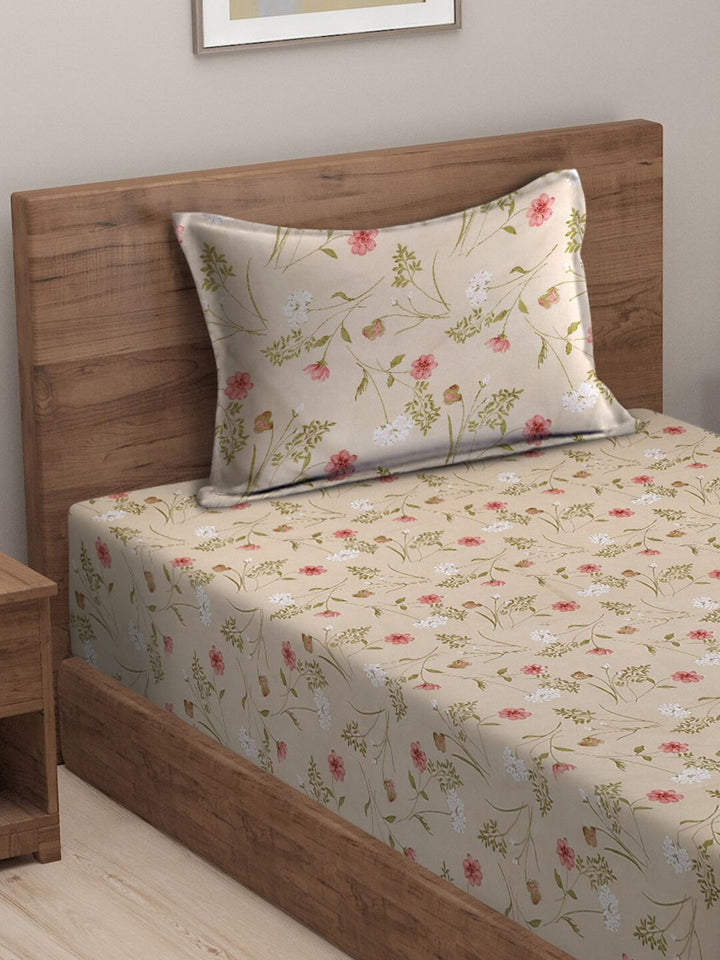 HOSTA HOMES Pink & Green Floral 210 TC Flat Cotton Single Bedsheet & 1 Pillow Cover