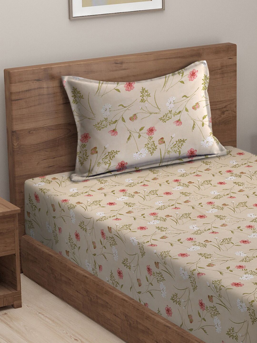 HOSTA HOMES Pink & Green Floral 210 TC Flat Cotton Single Bedsheet & 1 Pillow Cover