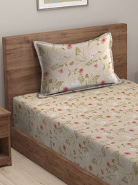 HOSTA HOMES Pink & Green Floral 210 TC Flat Cotton Single Bedsheet & 1 Pillow Cover