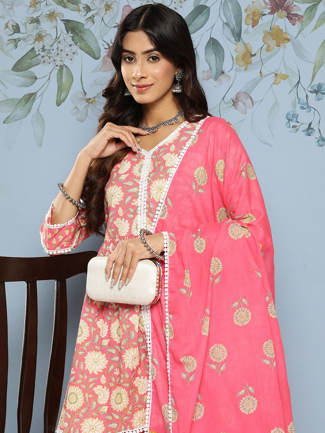 Libas Women Floral Printed Empire Pure Cotton Kurti With Sharara & With Dupatta