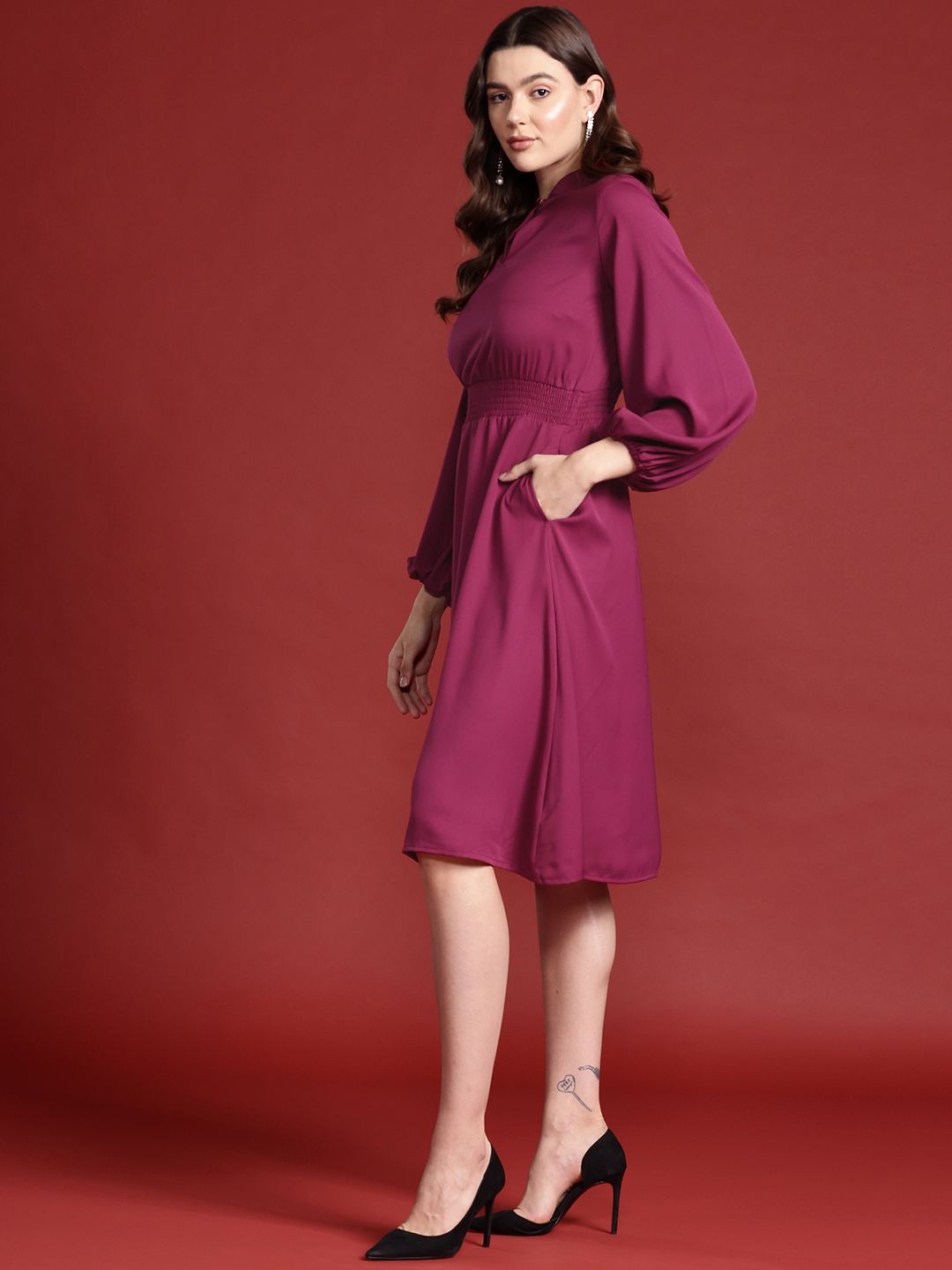 all about you Keyhole Neck Puff Sleeves Smocked Detail Fit & Flare Dress