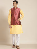 SOJANYA Kurta Kapas Tulen Chikankari Kuning Lelaki dengan Jaket Churidar & Nehru