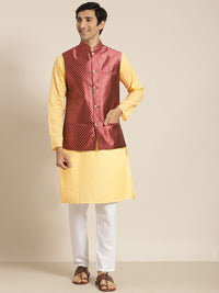 SOJANYA Kurta Kapas Tulen Chikankari Kuning Lelaki dengan Jaket Churidar & Nehru