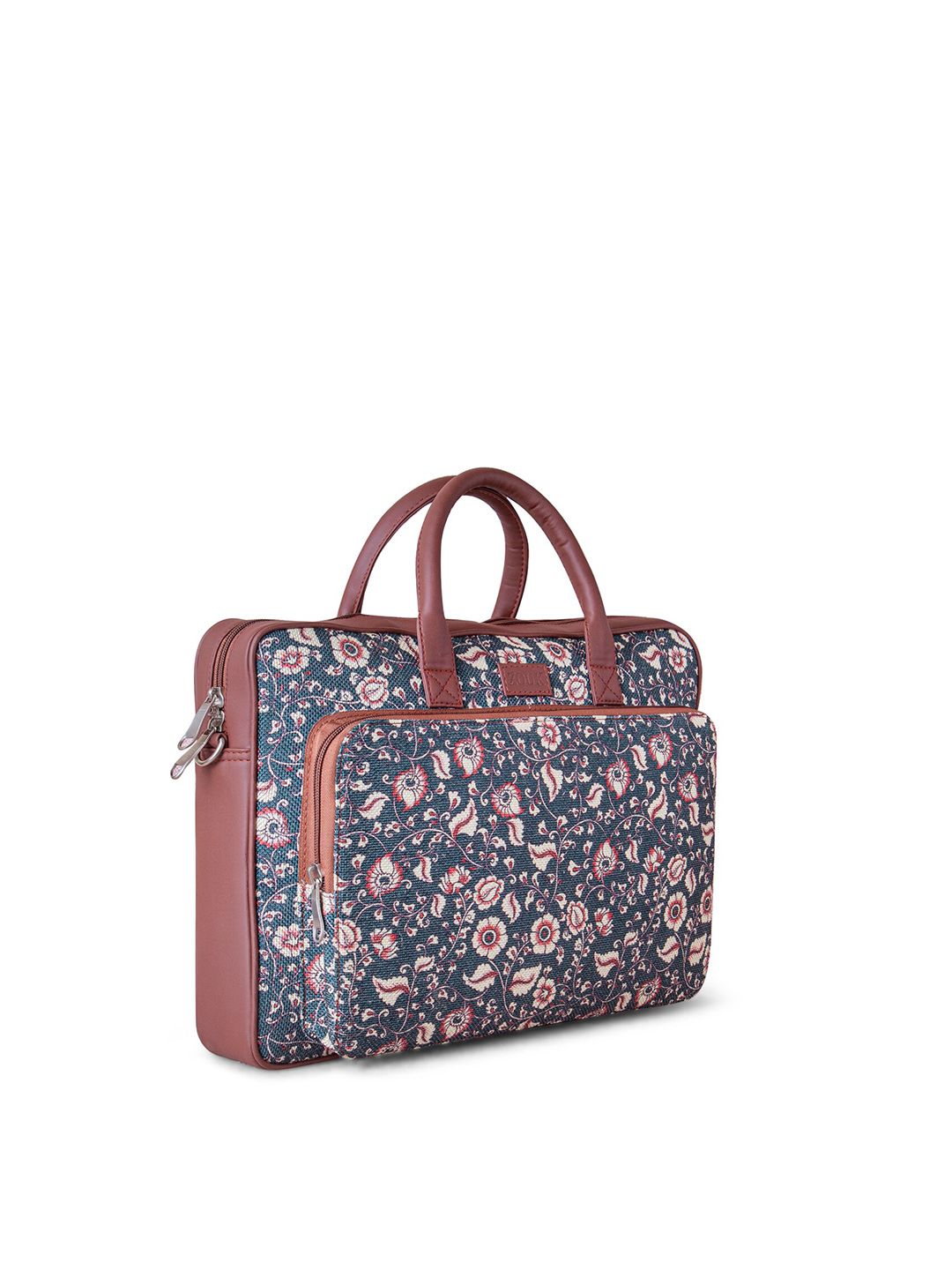 ZOUK Unisex Blue & Brown Kalamkari Printed Vegan Leather Laptop Bag