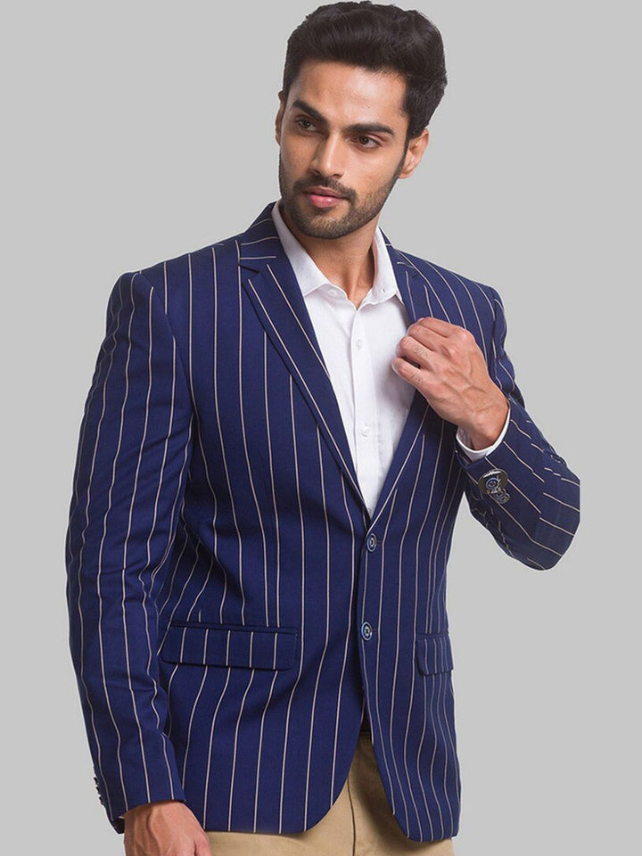 Park Avenue Men Blue Striped Single Breasted Formal Blazer