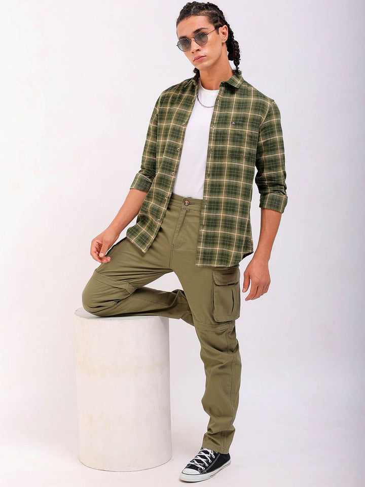The Indian Garage Co Slim Fit Tartan Checked Spread Collar Pure Cotton Casual Shirt