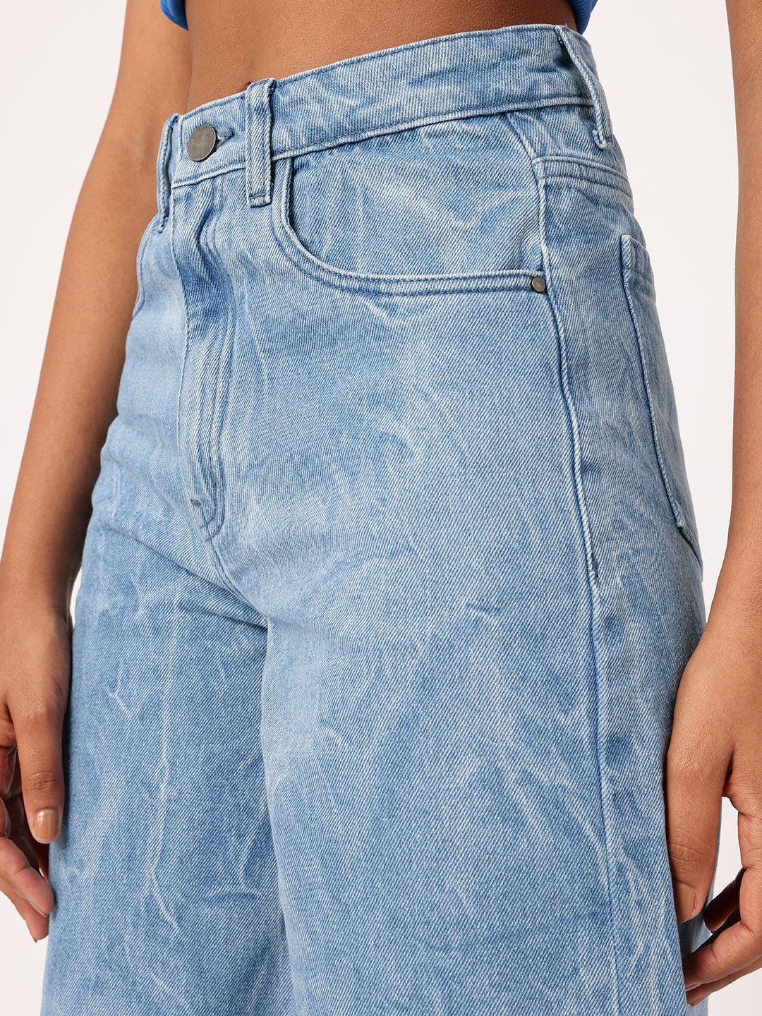 DressBerry Women Urban Street Crinkle Effect Washed Knee Length High Rise Denim Shorts