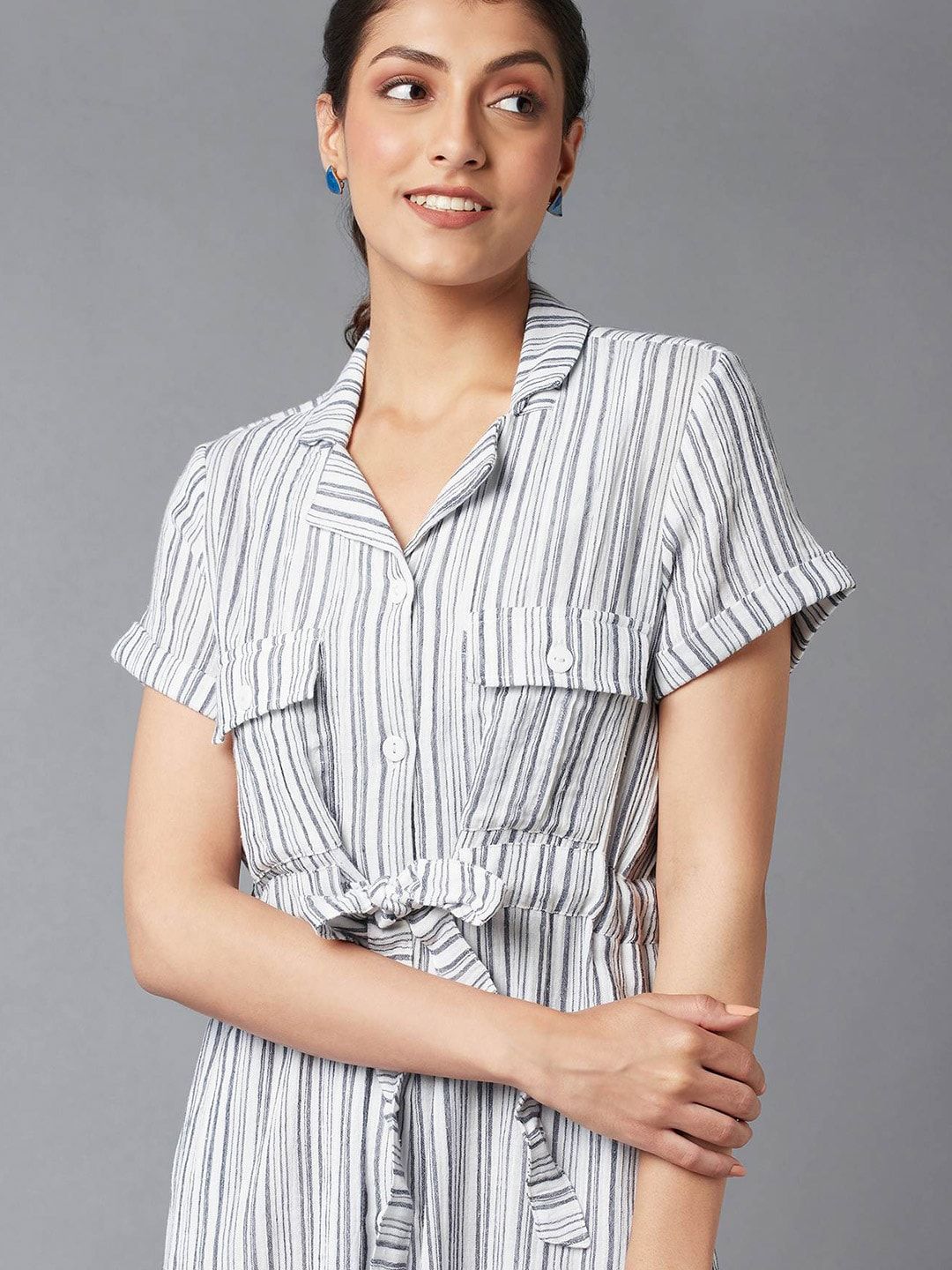 W Blue Striped Shirt Midi Dress