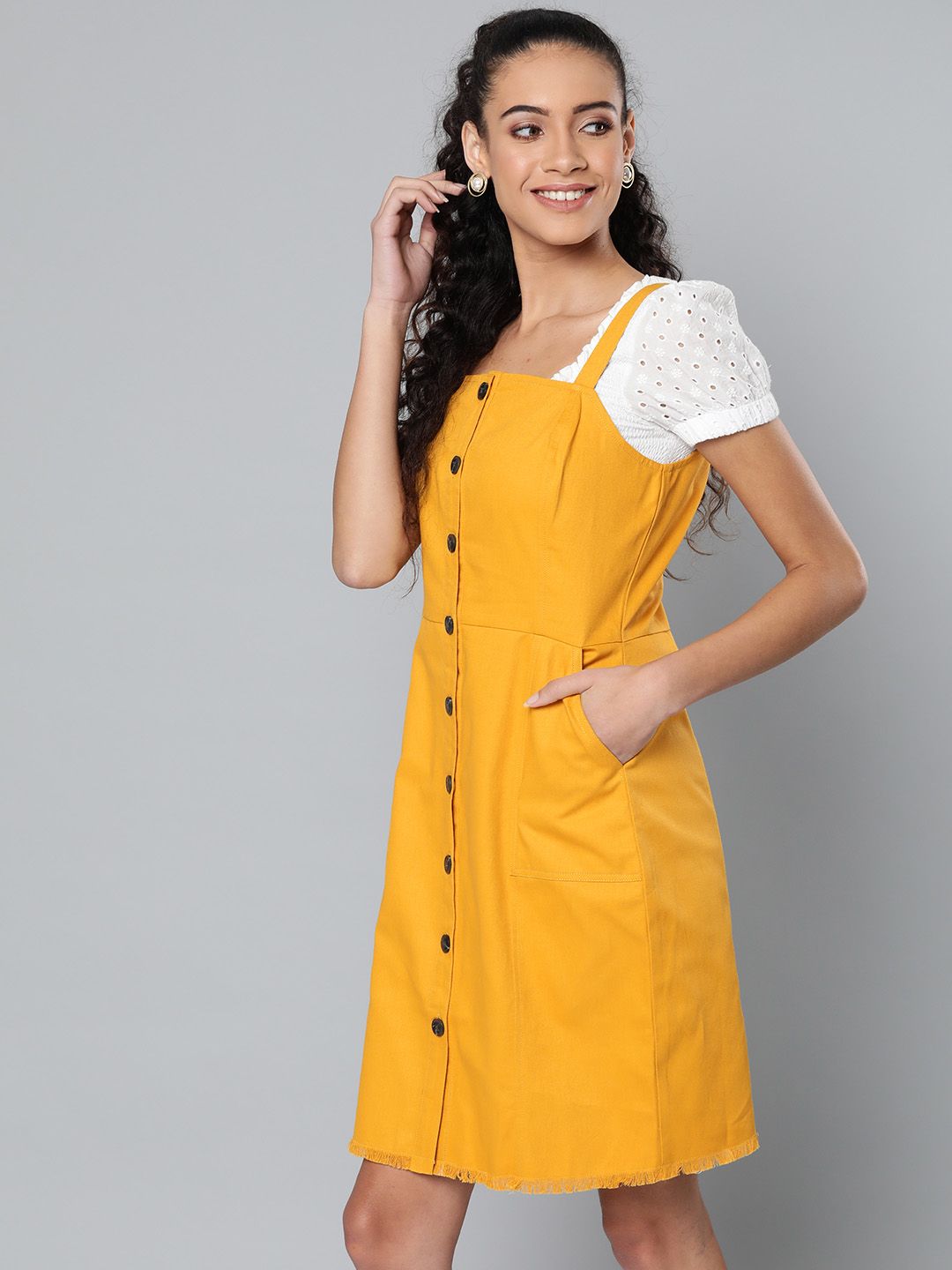 STREET 9 Women Mustard Yellow Solid Pinafore Dress