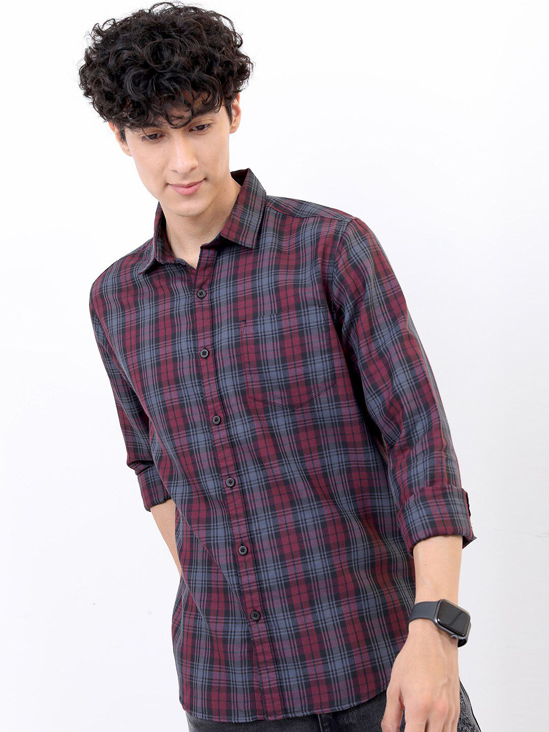 HIGHLANDER Men Maroon Slim Fit Tartan Checked Casual Shirt