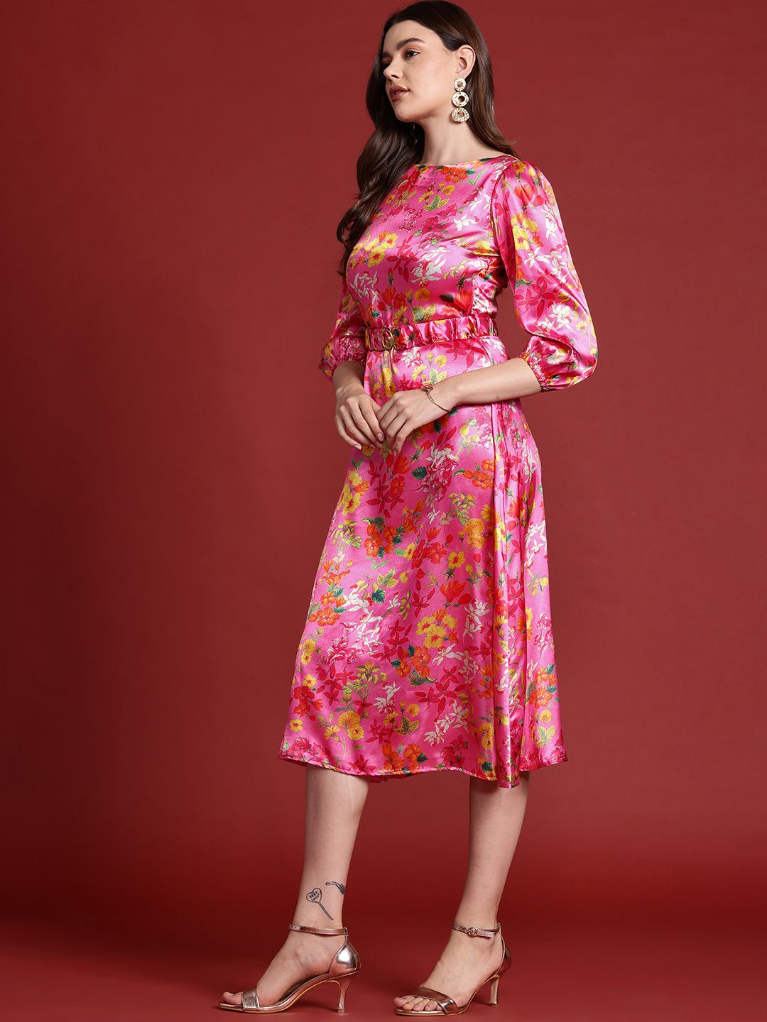 all about you Floral Print Satin A-Line Midi Dress
