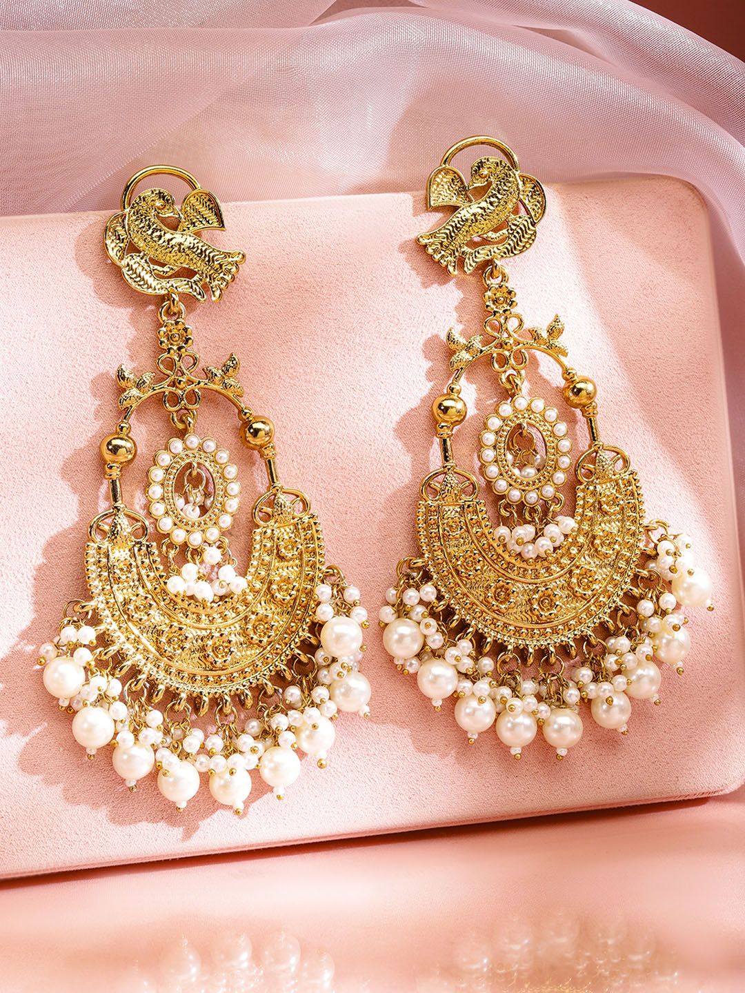 Rubans 18K Gold-Plated Large Chandbali Earrings with White Pearl Beaded Accents