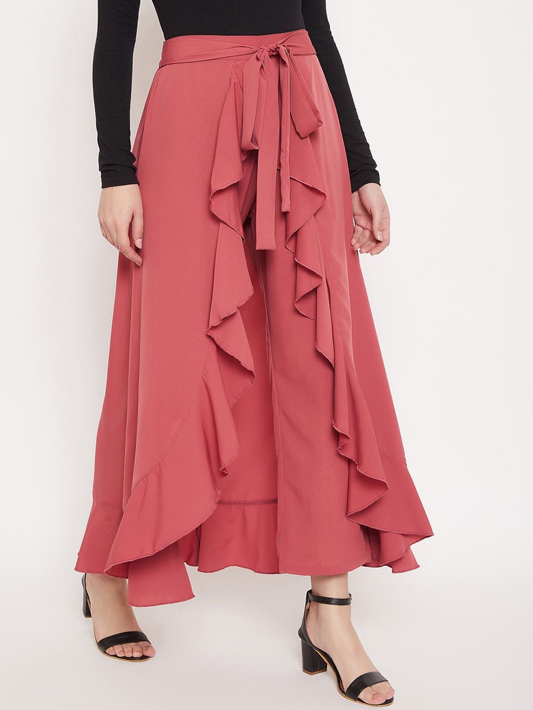 Berrylush Women Pink Solid Wrap Maxi Skirt With Pants