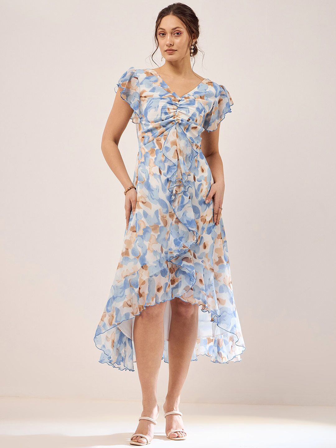 Antheaa Blue Floral Printed Puff Sleeves Gathered Ruffles Chiffon Fit & Flare Midi Dress