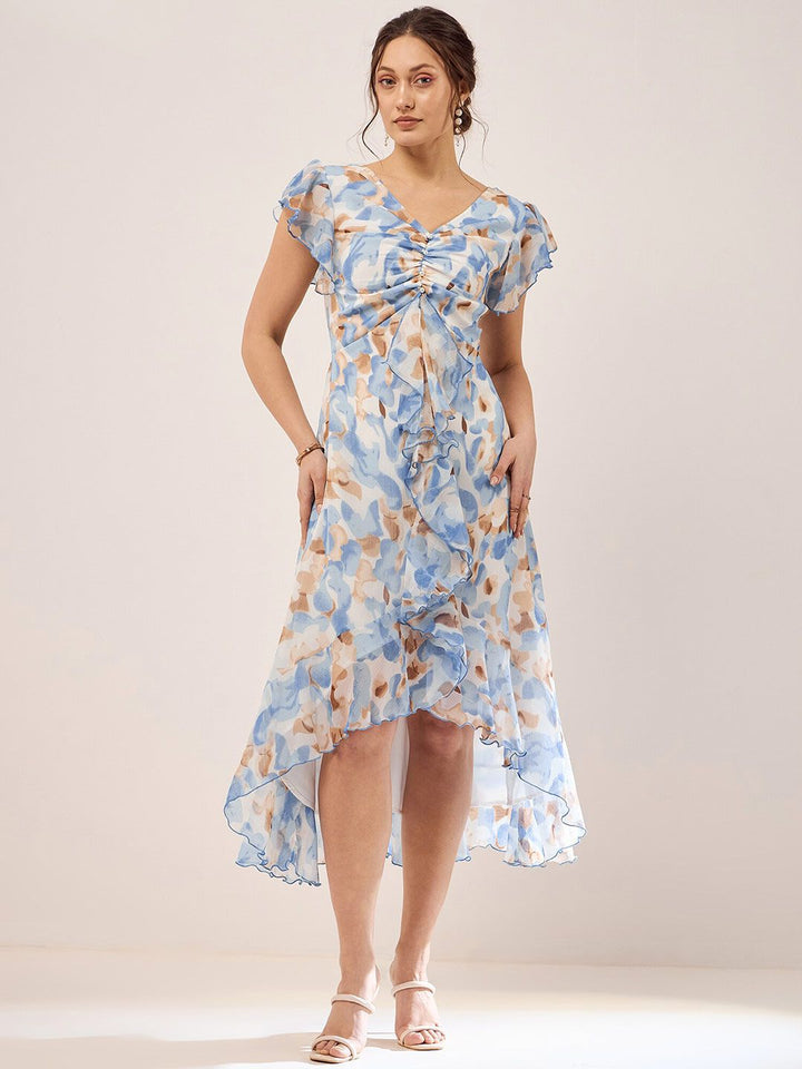 Antheaa Blue Floral Printed Puff Sleeves Gathered Ruffles Chiffon Fit & Flare Midi Dress