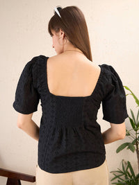 SASSAFRAS Black Self Design Schiffli Smocked Puff Sleeve Cotton Top