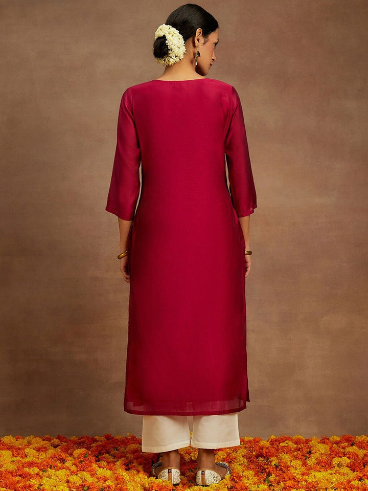 Libas Floral Printed Thread Work Chanderi Silk Kurta