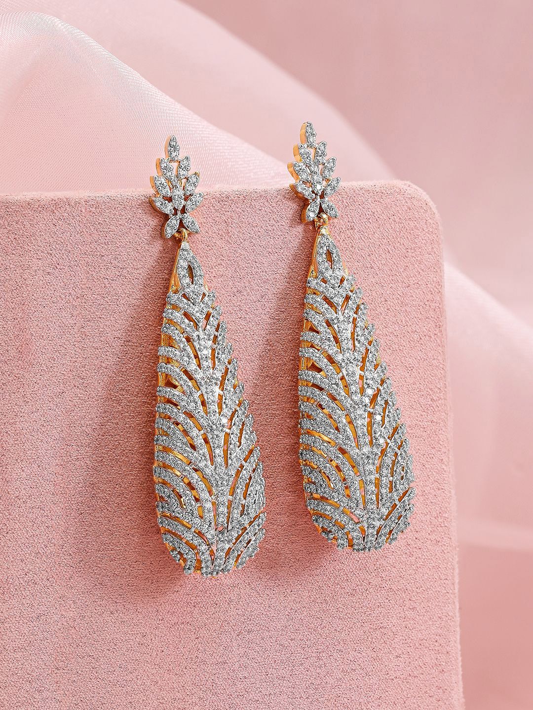 Rubans 22K Gold-Plated Cubic Zirconia Studded Premium Statement Drop Earrings
