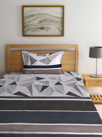 KLOTTHE Black & Grey Geometric Printed 300TC Fitted Single Bedsheet With Pillow Cover