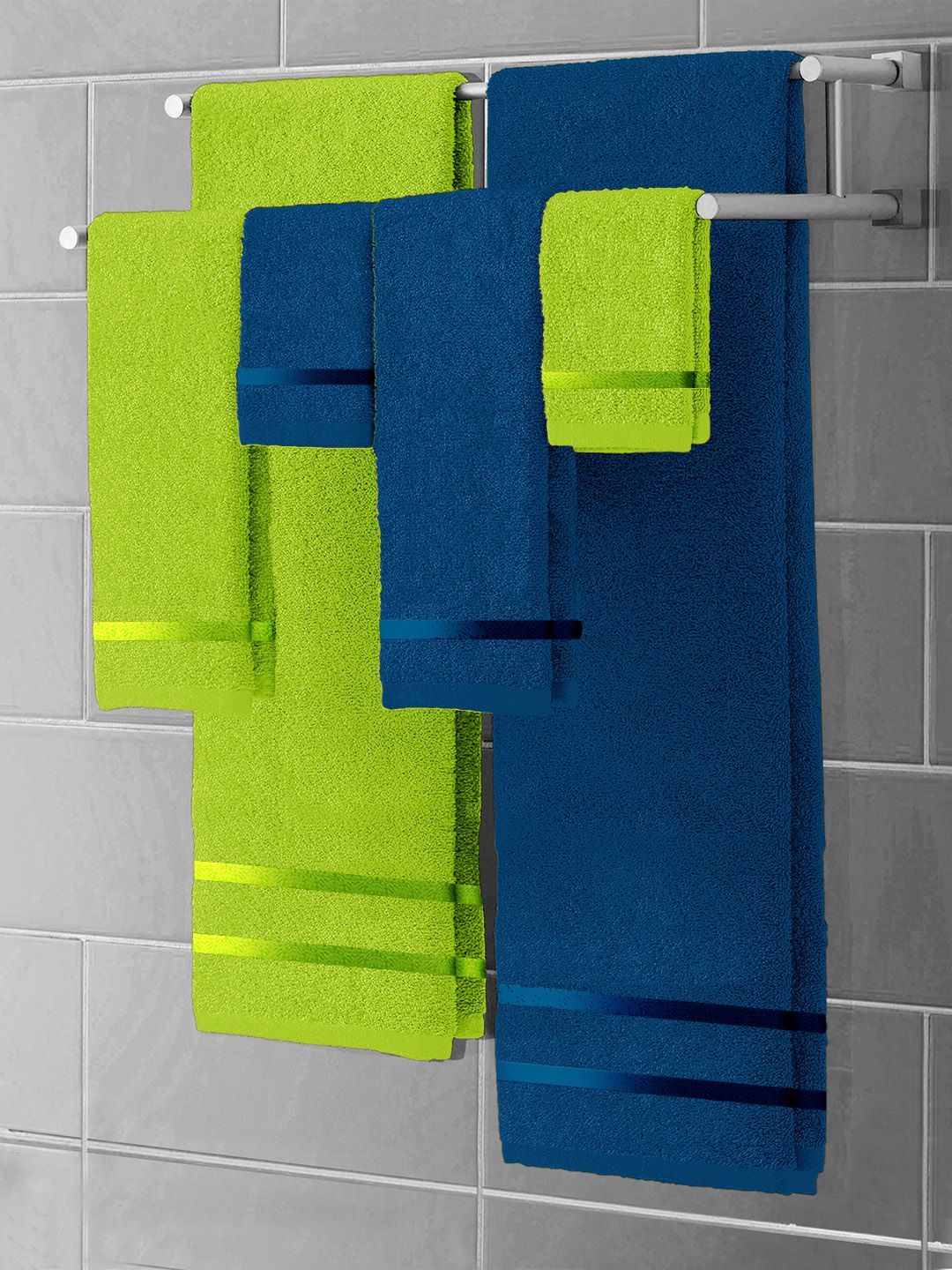 Story@home Navy Blue & Green Set of 6 450 GSM Cotton Bath Towel, Hand Towel & Face Towel